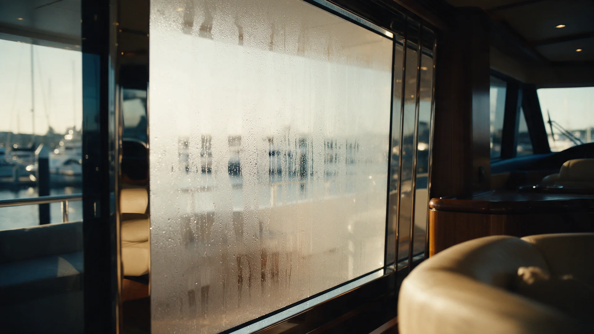 Fogged salon glass aboard a yacht, condensation running down it on a hot afternoon